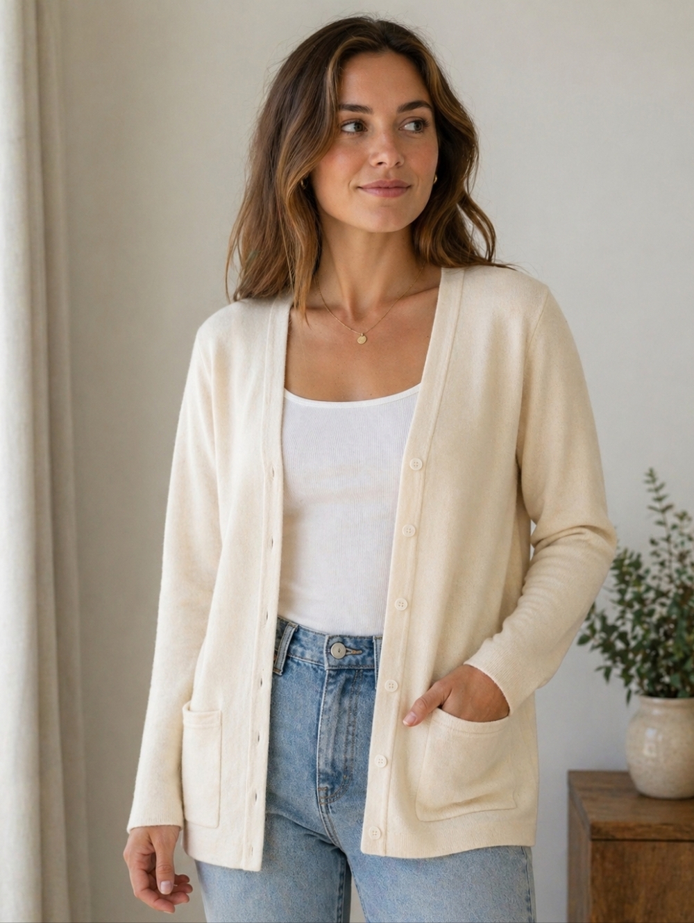 Michael Kors Cream Cardigan Sweater Button Front Pockets Size M Classic Neutral
